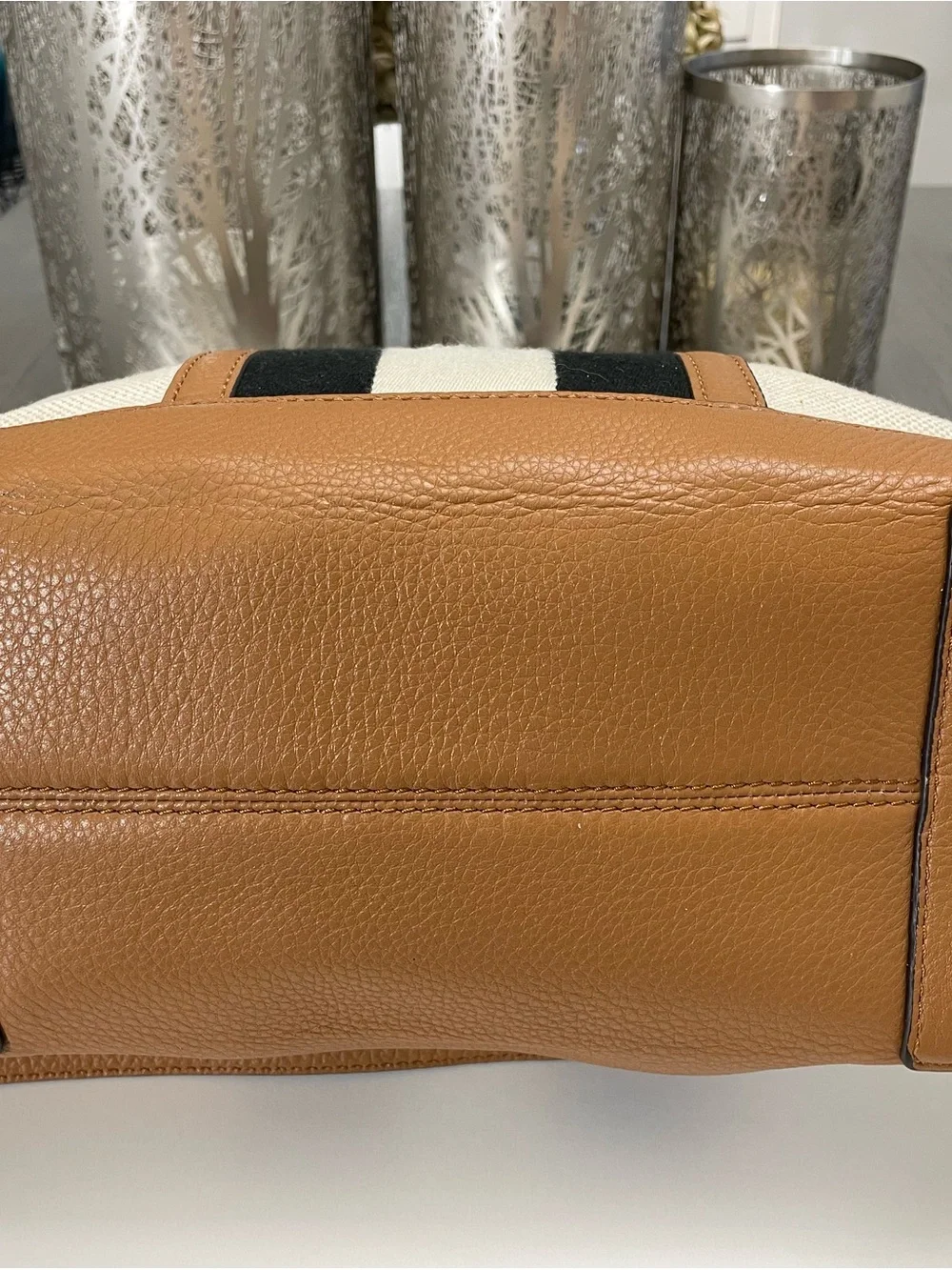 Michael Kors Canvas Leather Satchel Crossbody Bag Stripe Large Beige Brown Tot